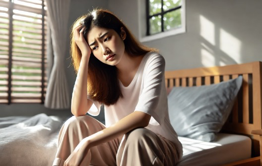 피곤한 표정의 여성이 침대에 앉아 있는 장면