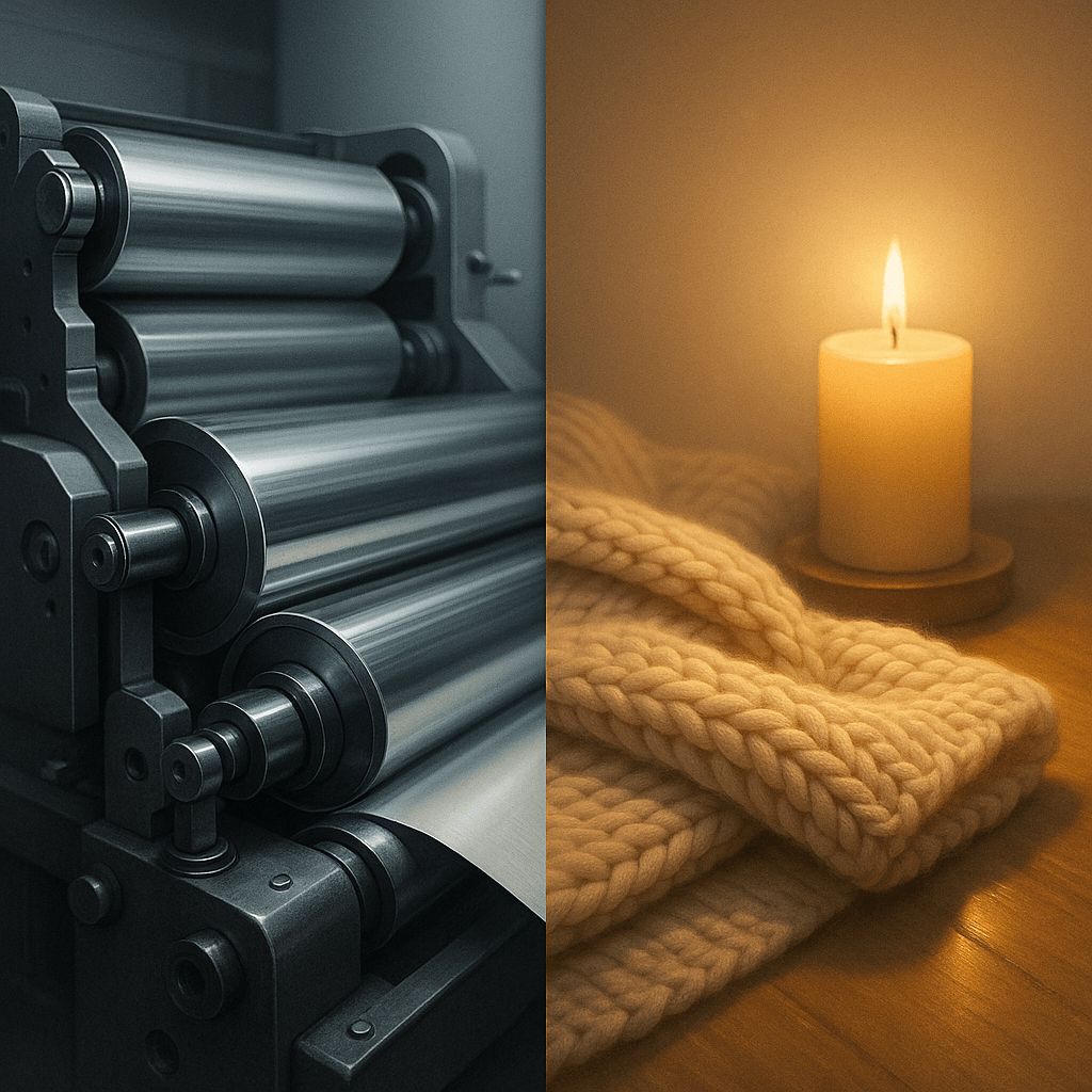 좌측은 차가운 회색 톤의 산업용 인쇄기 크롬 롤러가 클로즈업되고, 우측은 크리미 베이지 색 두꺼운 니트 스웨터 옆에서 촛불이 따뜻하게 빛나는 장면이 이어진다. 화면 중앙에서 두 분위기가 그라데이션으로 매끄럽게 이어져, 르 라보 ‘어나더 13’의 차가운 종이 향이 포근한 머스크 잔향으로 변하는 이미지를 상징