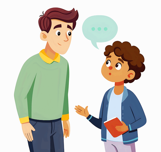 젊은 남자선생님이 어린 남자 제자와 대화중이다.