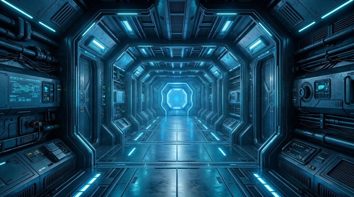 AI 이미지 프롬프트 예시로 생성한 우주 정거장 복도 장면, 블루 조명과 대칭 구도