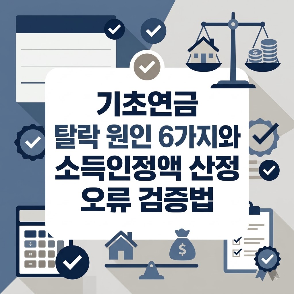 기초연금 탈락 원인 6가지와 소득인정액 산정 오류 검증법 텍스트가 중앙에 배치된 금융 자산 분석 인포그래픽