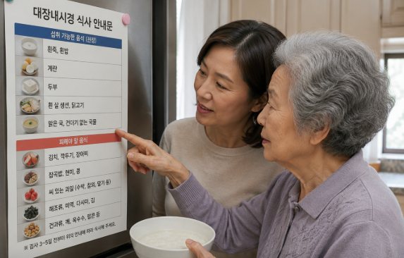냉장고 문에 붙은 대장내시경 식사 안내문을 보며 흰죽과 계란, 두부 등 먹을 수 있는 음식을 확인하는 노년의 어머니와 보호자 딸