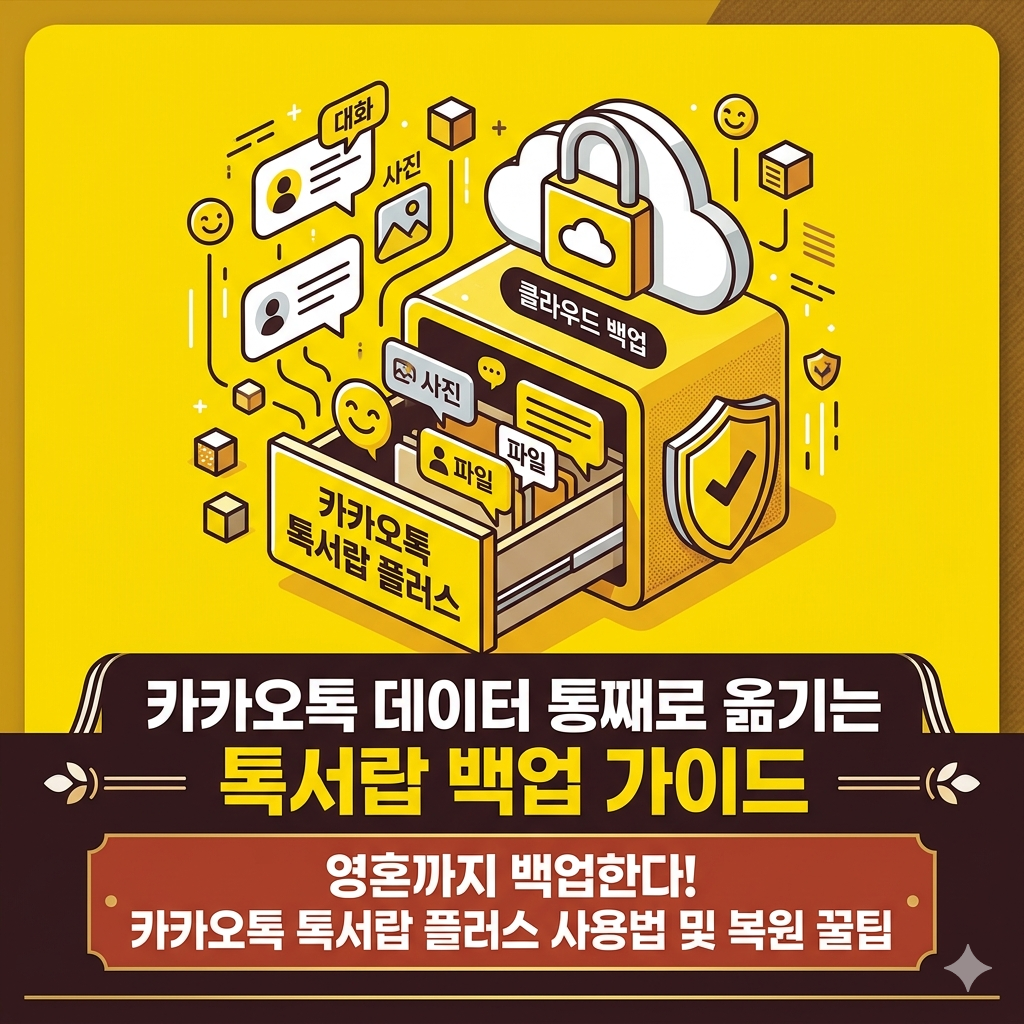 카카오톡 고유의 옐로우 배경에 안전한 클라우드 금고(서랍) 아이콘이 그려져 있고, '카카오톡 데이터 통째로 옮기는 톡서랍 백업 가이드'라는 명확한 텍스트 배치.