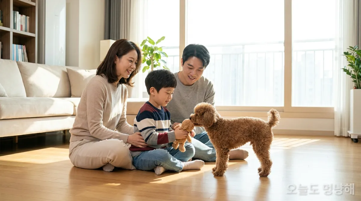 거실에서 반려견과 함께 놀고 있는 한국인 가족