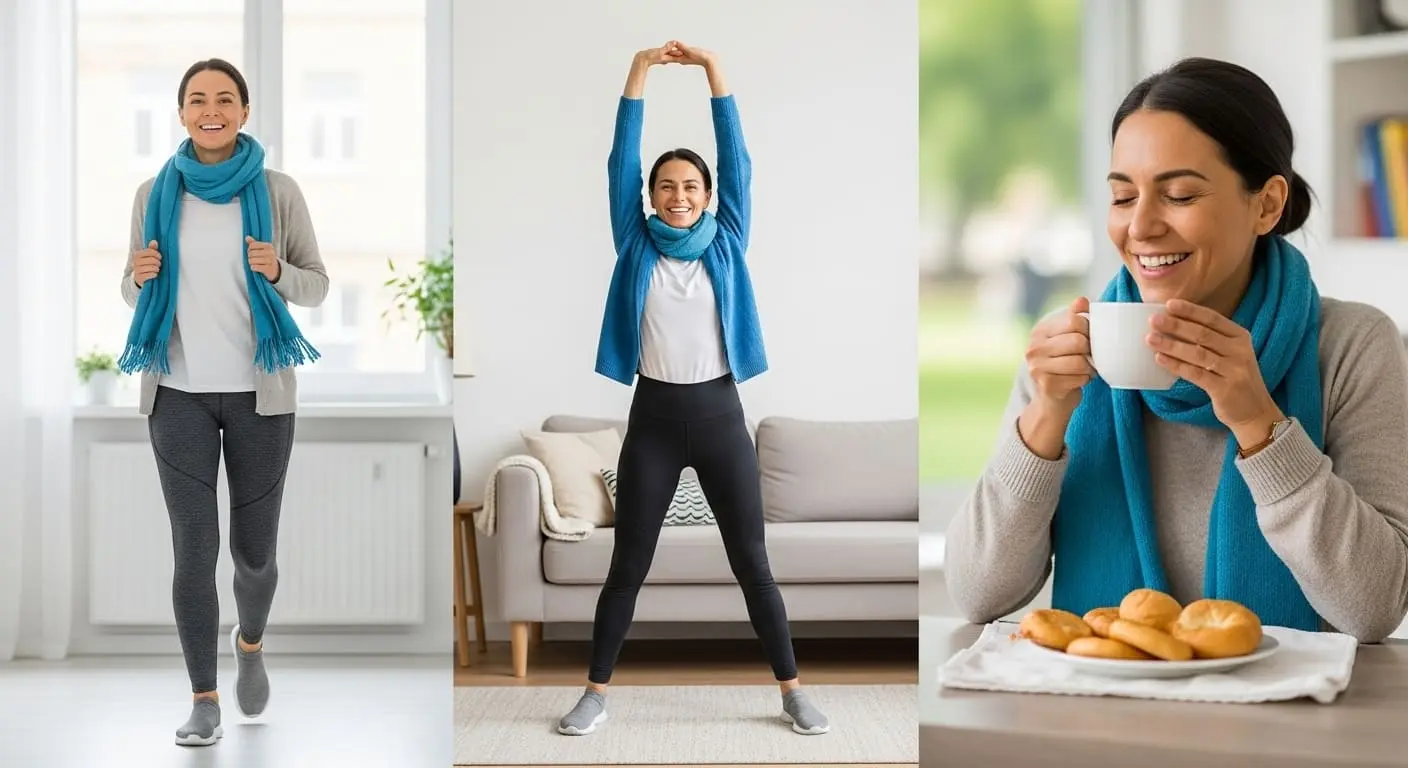 활기찬 표정으로 가볍게 걷고 스트레칭하며 건강 루틴을 즐겁게 실천하는 사람의 역동적인 모습.