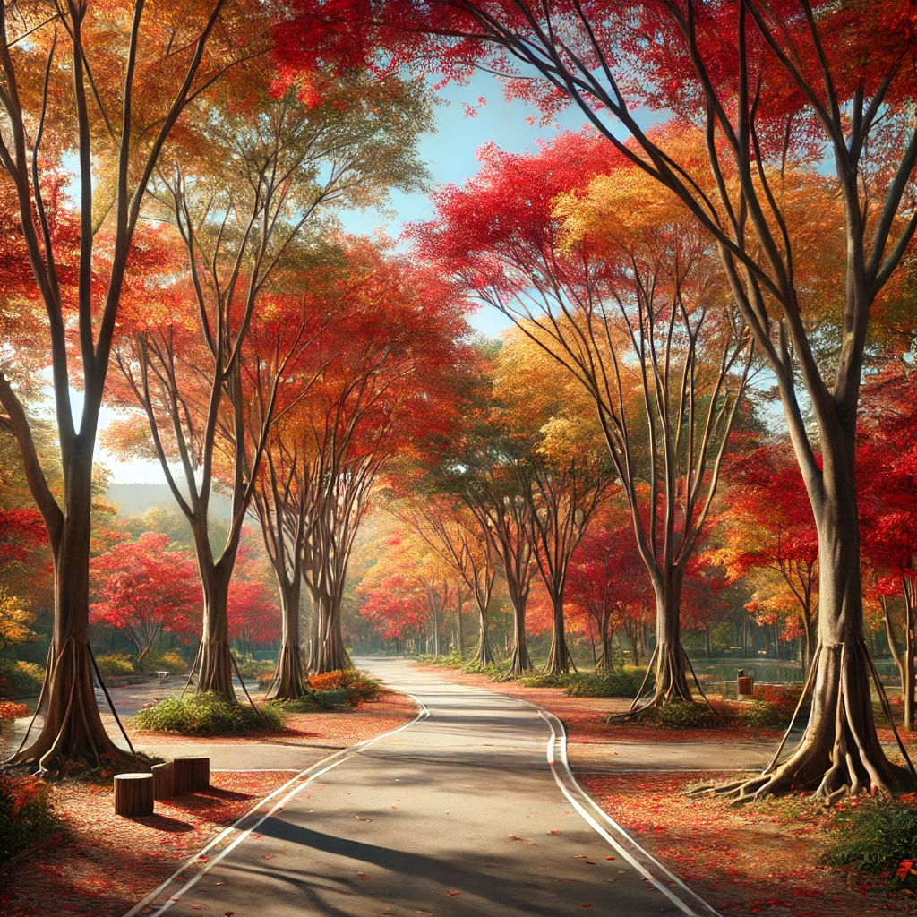 서울대공원의 가을 풍경&amp;#44; 붉고 노란 나뭇잎이 가득한 나무와 낙엽이 깔린 산책로가 펼쳐진 장면