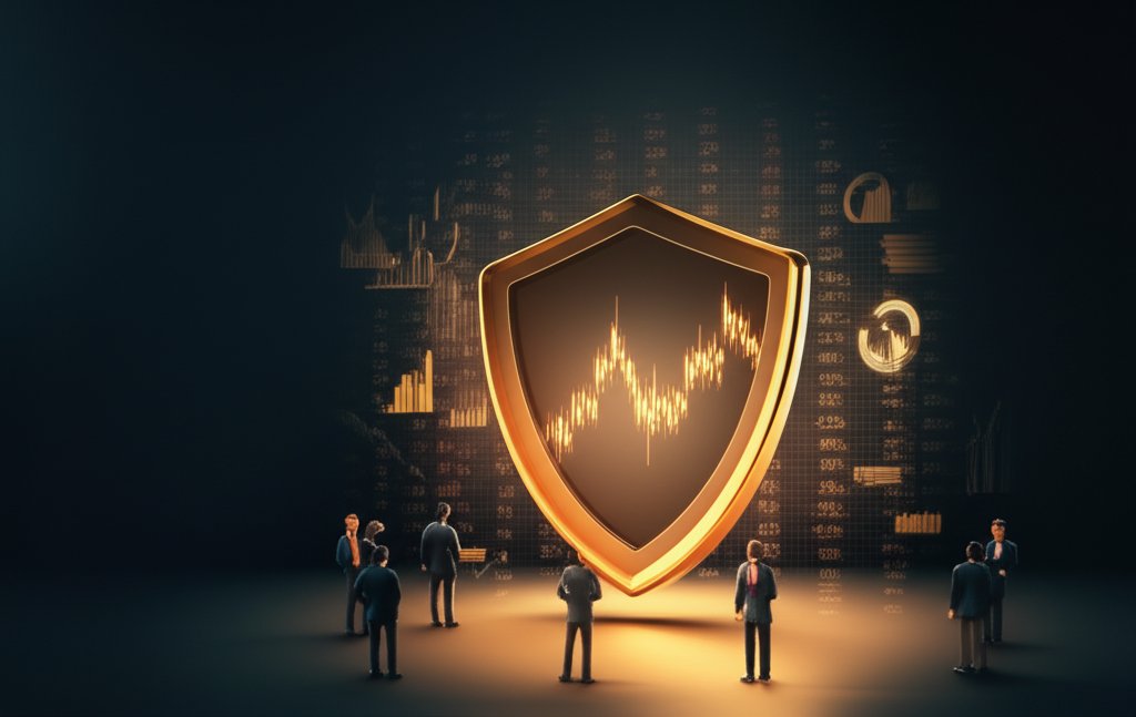 한국 증시 차트와 보호막이 '우주방어'를 상징하는 매거진 에디토리얼 스타일 이미지