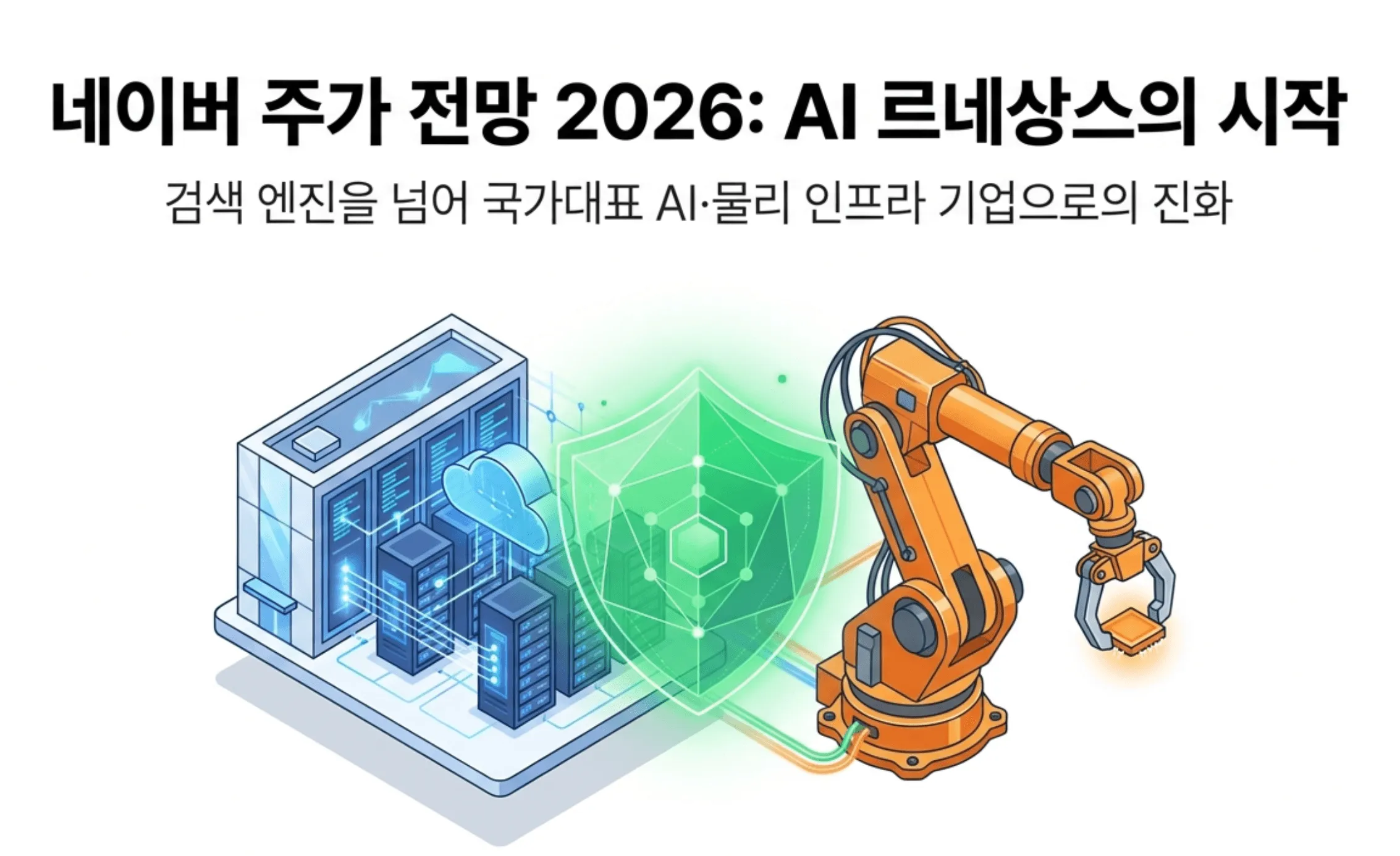 '네이버 주가 전망 2026 AI 르네상스의 시작'이라는 문구가 포함된 블로그 대표 이미지. 데이터센터와 클라우드 보안 실드 그리고 산업용 로봇팔이 함께 표현되어 네이버가 검색 엔진을 넘어 GPU 인프라와 소버린 AI 피지컬 AI 기업으로 진화하는 모습을 시각적으로 전달함. 젠슨 황 회동과 국방 AI 모멘텀을 다룬 네이버 주가 전망 주제와 관련된 내용을 설명함