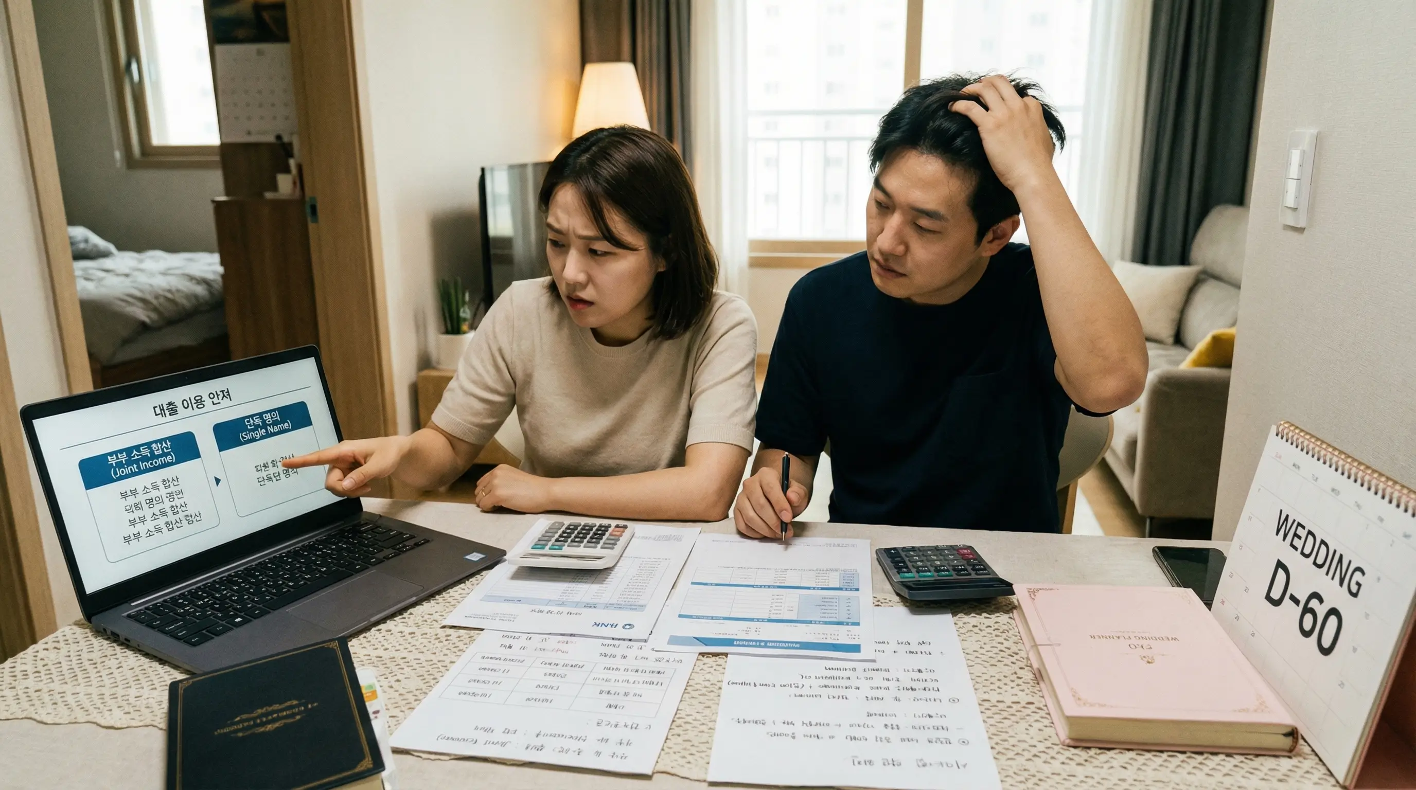 결혼을 앞두고 내 집 마련을 위해 소득 합산과 단독 명의 중 유리한 대출 전략을 고민하는 신혼부부의 모습