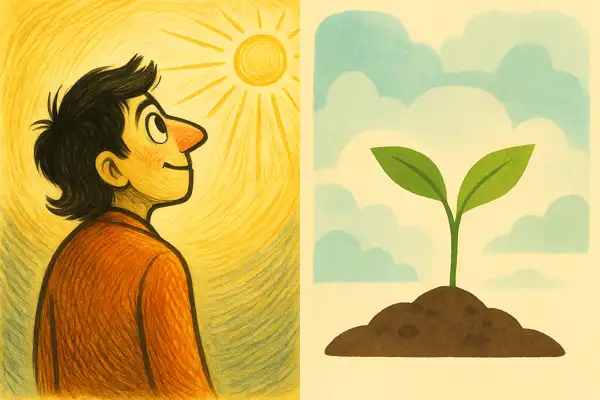햇살 아래에서 희망찬 표정으로 앞을 바라보는 사람과 작게 자라나는 새싹을 대조적으로 표현한 두 장면 일러스트
