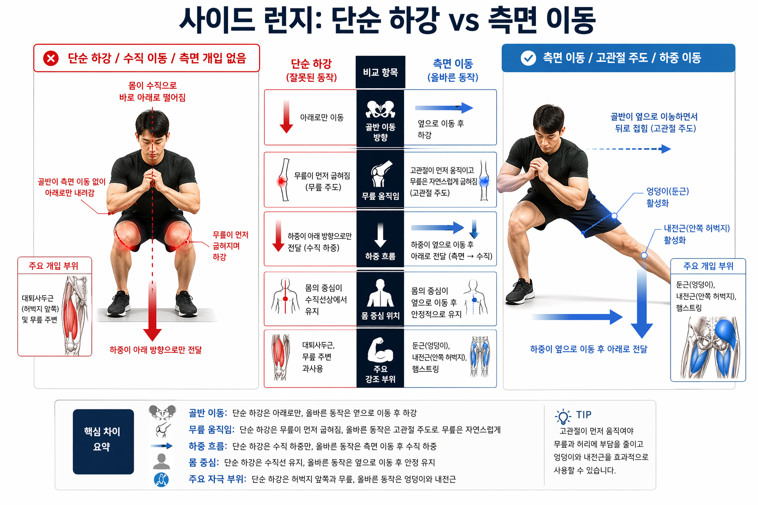 “사이드 런지: 단순 하강 vs 측면 이동”