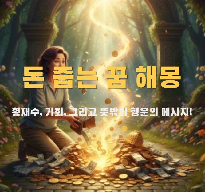 숲속에서 한 여성이 돈과 금,은, 보석을 놀란표정을 지으며 줍고 있다.