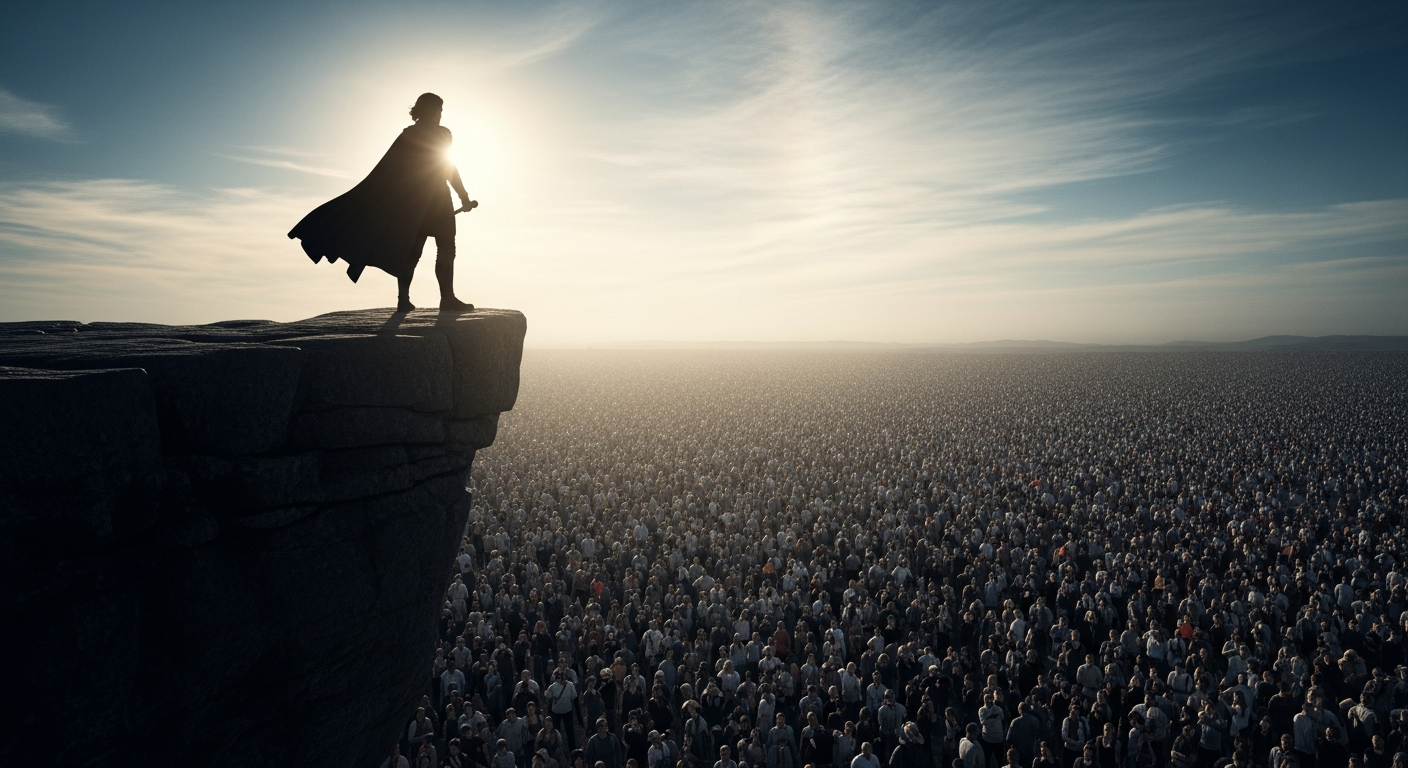 높은 곳에 선 리더의 실루엣이 아래의 수많은 군중을 내려다보는 이미지