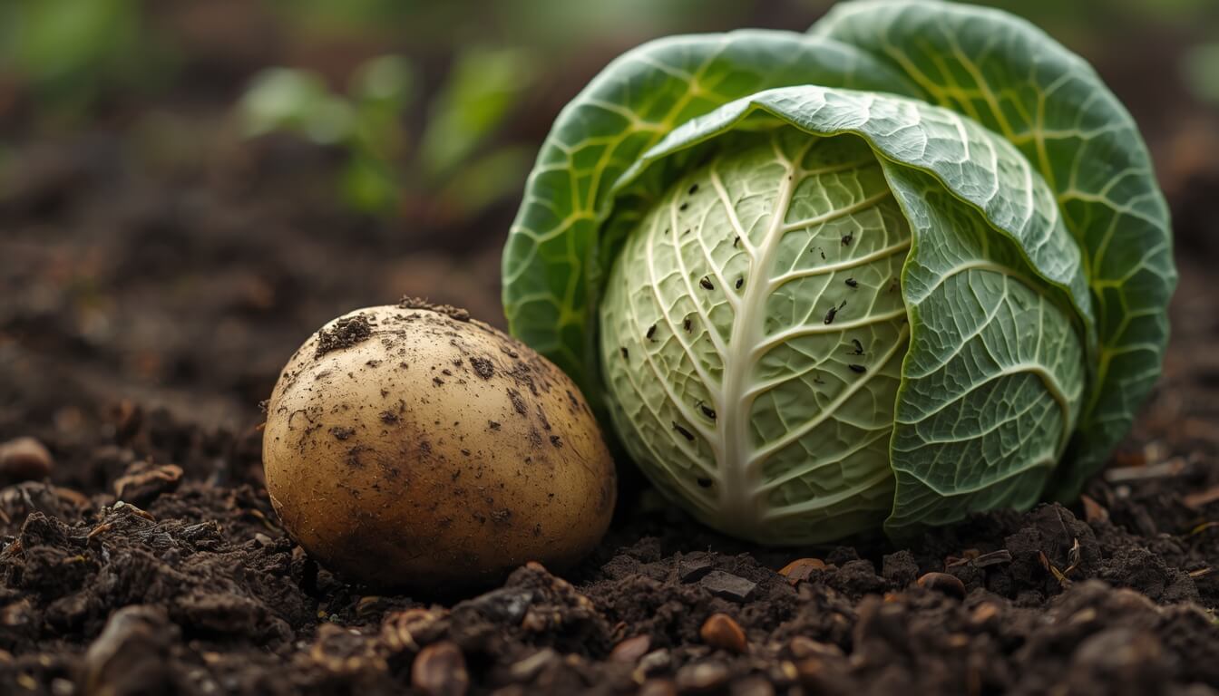 세척 전 흙이 묻은 감자와 잎 사이 이물질이 보이는 양배추