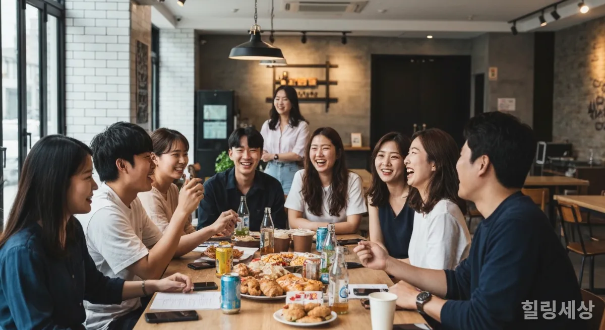 모던한 호스텔 공용 공간에서 함께 어울리며 이야기 나누는 다양한 국적의 젊은 여행자들