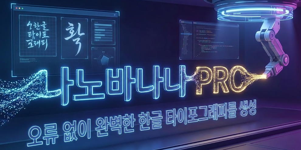 나노바나나 PRO AI 인터페이스에 완벽하게 렌더링된 한글 '나노바나나 PRO' 텍스트가 표시된 미래 지향적인 이미지. AI의 한글 타이포그래피 오류 해결을 상징하는 정확하고 선명한 글자 표현.