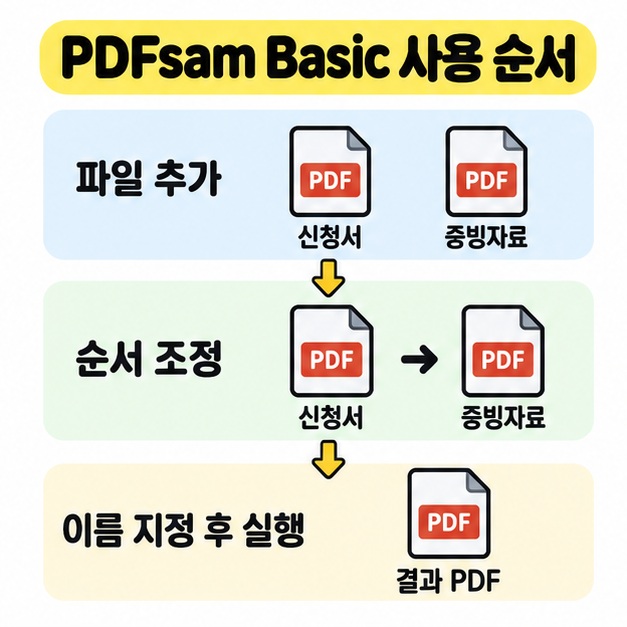 PDFsam Basic에서 신청서와 증빙자료를 추가하고 순서를 조정한 뒤 이름을 지정해 결과 PDF를 만드는 과정을 화살표로 연결한 도식