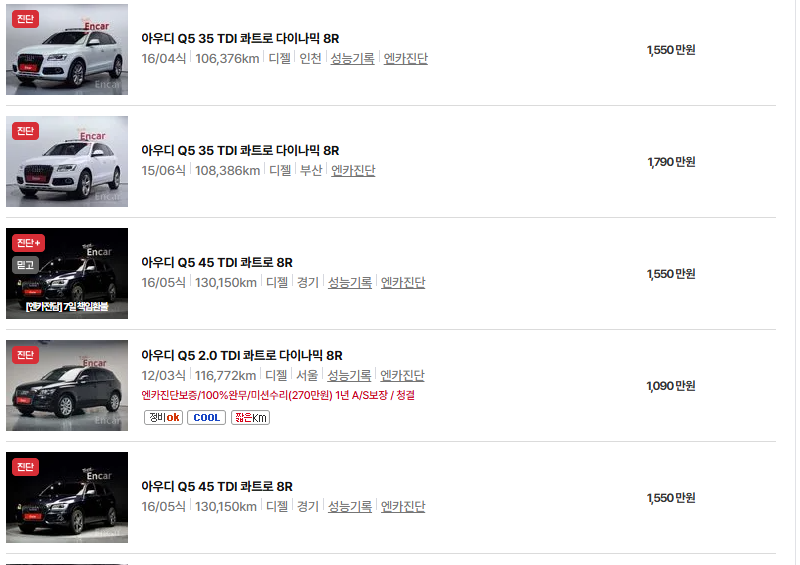 아우디 Q5 중고차 가격 시세표 유지비