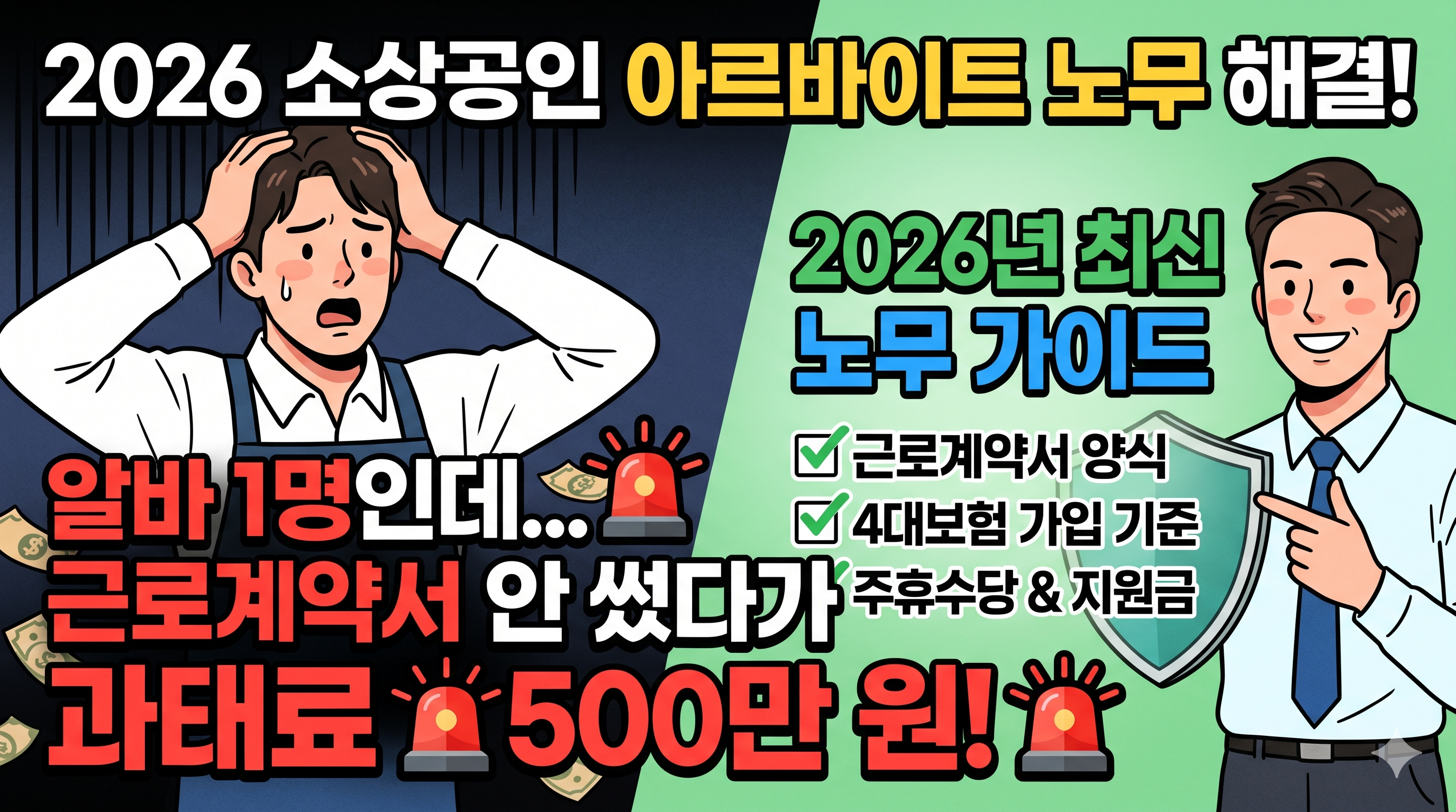 2026년 소상공인 아르바이트 노무 가이드를 주제로 한 썸네일로, 왼쪽에는 근로계약서 미작성 시 &lsquo;과태료 500만 원&rsquo; 경고 문구와 함께 당황해하는 사장님의 모습이 그려져 있습니다. 오른쪽에는 대조적으로 방패를 든 노무 가이드가 웃으며 근로계약서 양식과 4대 보험 가입 기준 등 핵심 해결책을 제시하는 모습이 담겨 있습니다. 사장님들이 겪을 수 있는 노무 리스크를 예방하고 최신 정보를 제공한다는 메시지를 직관적으로 전달합니다.