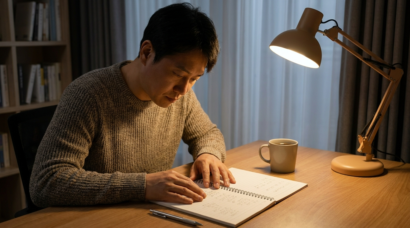 급여 계산 메모와 볼펜이 놓인 책상
