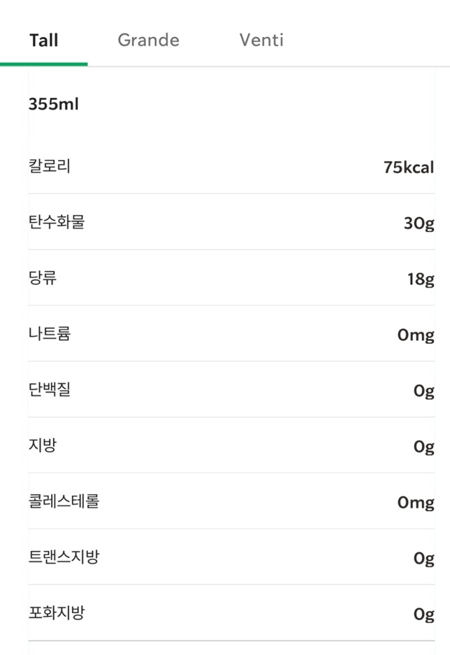 스타벅스 신메뉴 유자&오렌지 에너지 피지오의 칼로리 표 입니다./ 출처 - 스타벅스APP