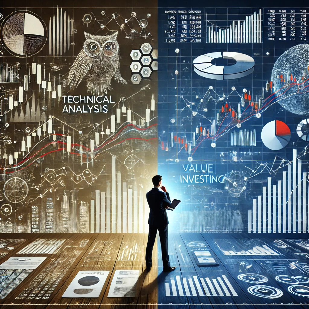 기술적 분석과 가치 투자를 비교하는 일러스트