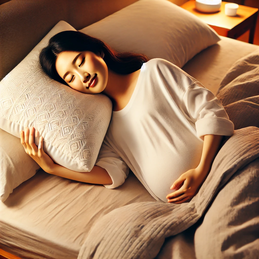 포근한 침대에서 옆으로 누워 자는 임산부의 모습, 편안한 쿠션에 기대 잠든 모습