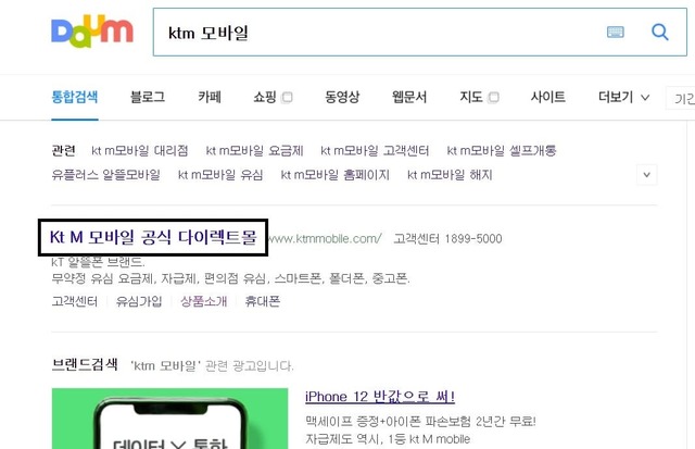 다음 KT 알뜰폰 요금제 검색결과 값 화면