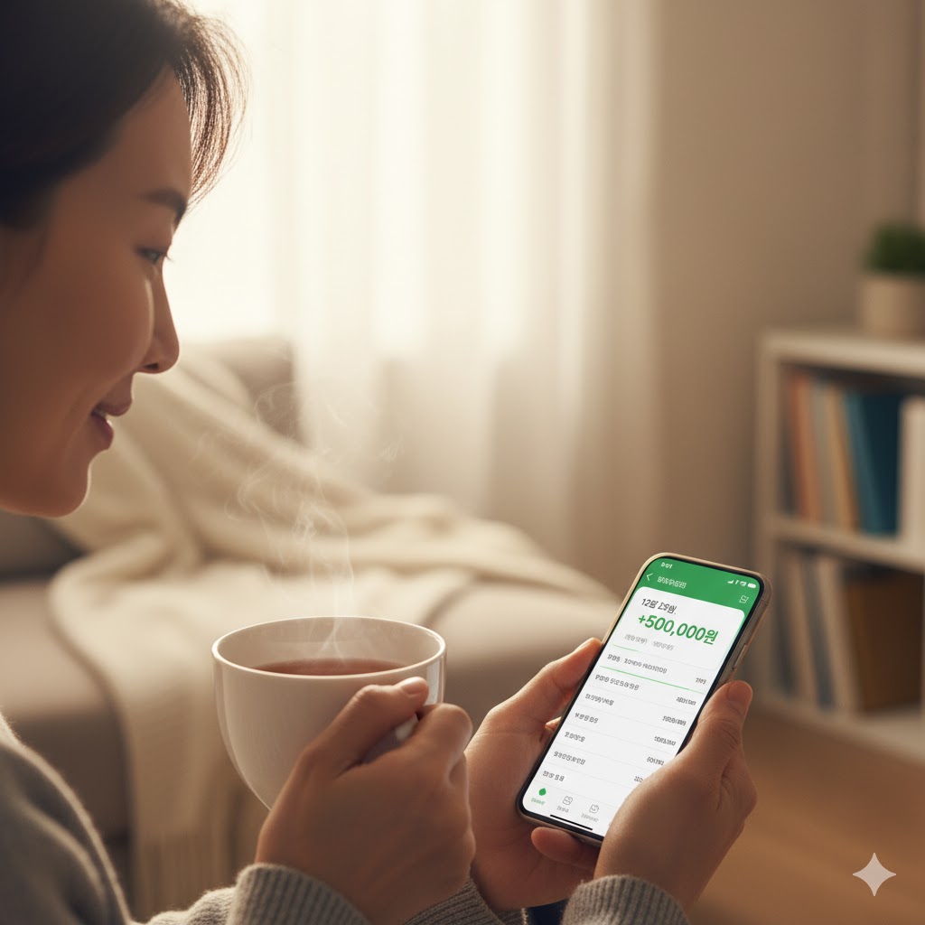'12월 23일 500,000원 입금'이라고 찍힌 통장 내역을 보며 따뜻한 차를 마시는 모습