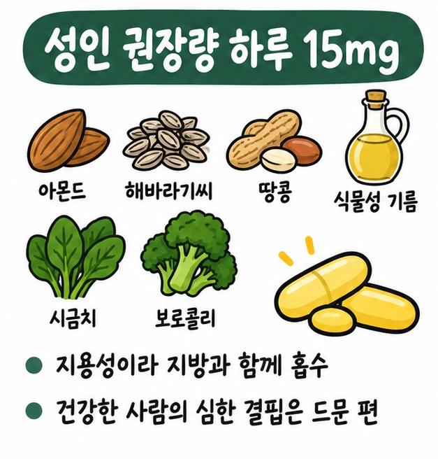 성인 권장량 하루 15mg과 아몬드·해바라기씨·식물성 기름·시금치·브로콜리 등 대표 음식 공급원을 보여주는 카드