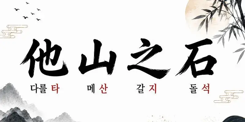 타산지석(他山之石) 한자와 다를 타, 메 산, 갈 지, 돌 석의 뜻을 전통 수묵화 스타일로 표현한 이미지