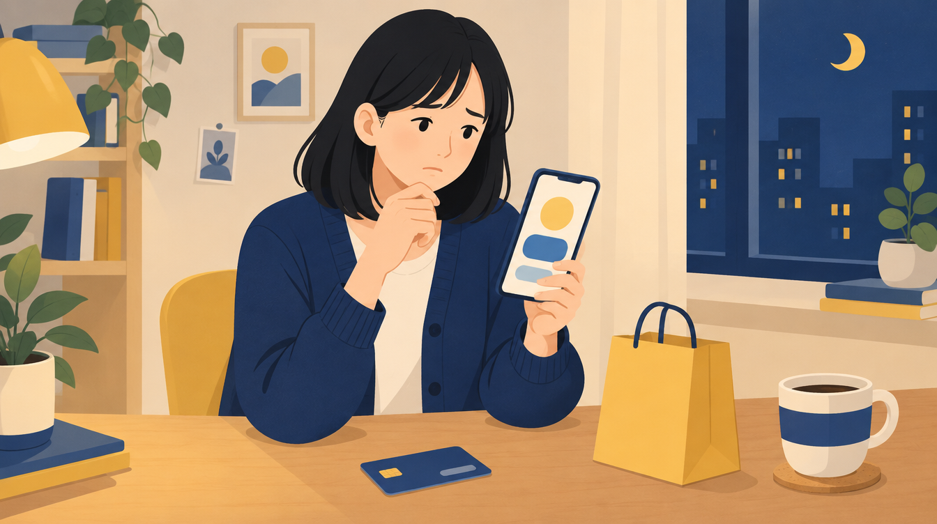 일상 속 손실회피 편향으로 결제를 망설이는 장면 일러스트