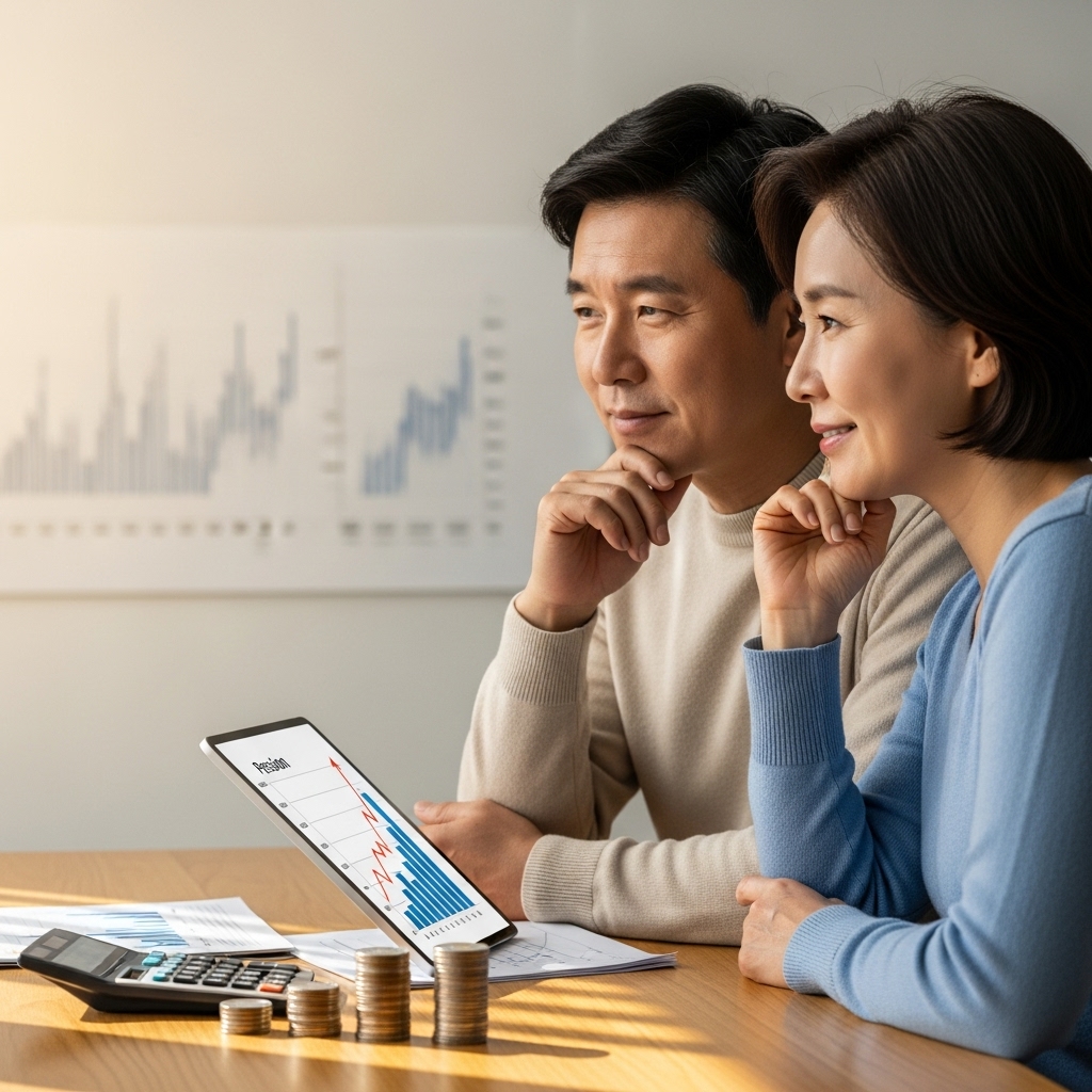 2026년 국민연금 소득대체율 인상 후 변화된 연금액을 계산하며 노후를 계획하는 부부의 모습