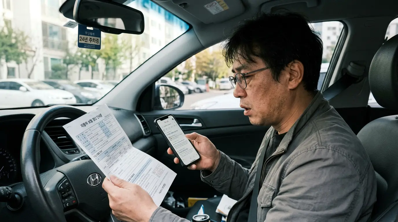 자동차 보험 갱신 안내문을 들고 한숨을 쉬며 스마트폰으로 다이렉트 자동차 보험을 검색하는 운전자의 모습