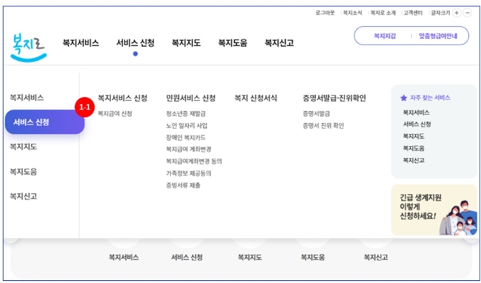 복지로 웹사이트 메뉴