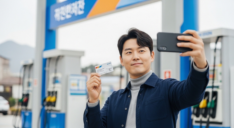 주유소에서 카드를 들고 셀카 찍는 남성