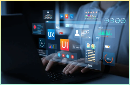 UI/UX를 다루는 개발자의 손과 노트북 그리고 홀로그램을 표현한 사진