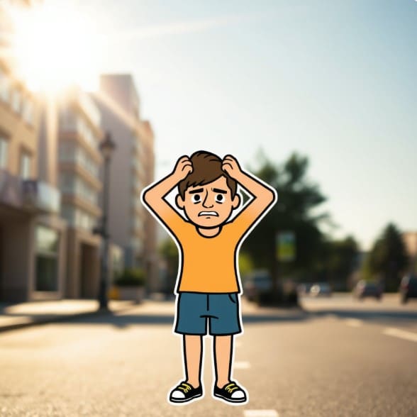 온열질환 증상인 두통으로 아파하는 사람이 햇빛 아래에 서 있습니다.