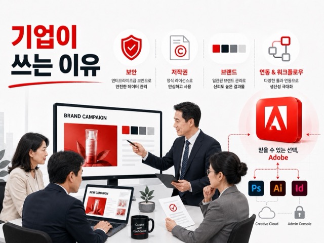 기업이 Adobe Firefly Enterprise를 사용하는 이유인 보안 저작권 브랜드 관리 워크플로우 장점을 설명한 이미지