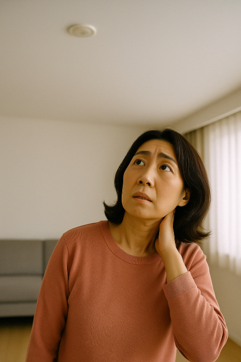 아이가 뛰어다니는 아랫집에서 천장을 올려다보는 중년 여성의 모습