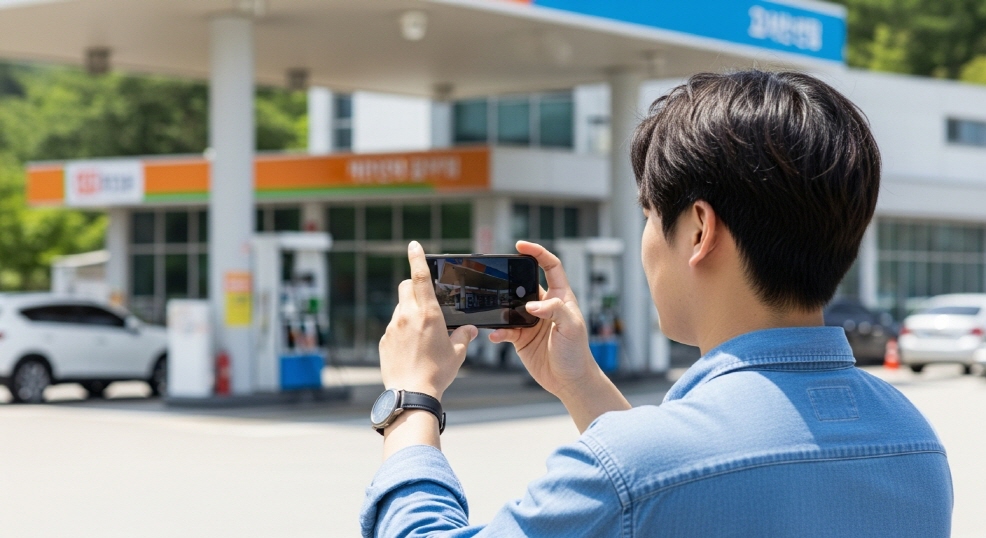 주유소 전광판을 스마트폰으로 촬영하는 청년