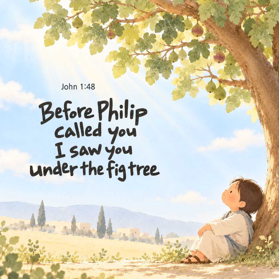 Before Philip called you, I saw you under the fig tree. (John 1:48) English Bible verse card