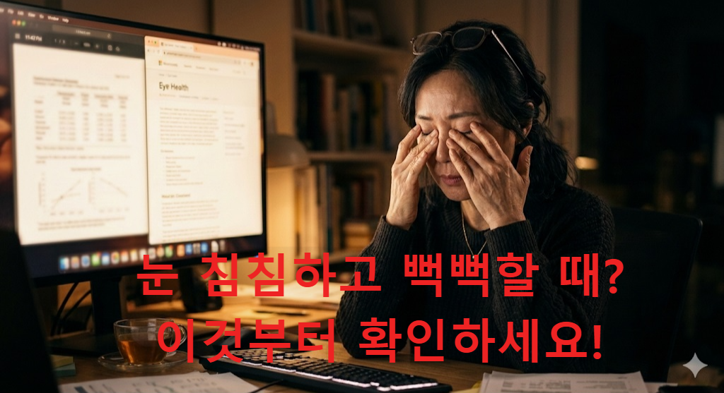 모니터 앞에서 눈의 피로를 느끼고 마사지하는 직장인 모습