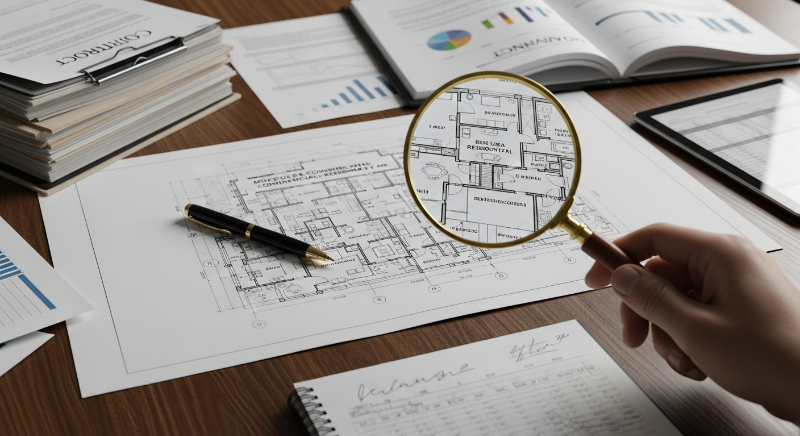 상가주택 도면과 서류를 꼼꼼히 검토하는 모습, 투자 전 철저한 법률 및 재정 검토의 중요성을 강조합니다.