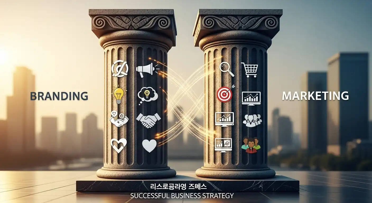 <img src="branding_marketing_synergy.webp" alt="브랜딩과 마케팅의 상호작용을 통해 비즈니스 성공을 이루는 구조를 시각화한 이미지입니다. 이미지 입니다">