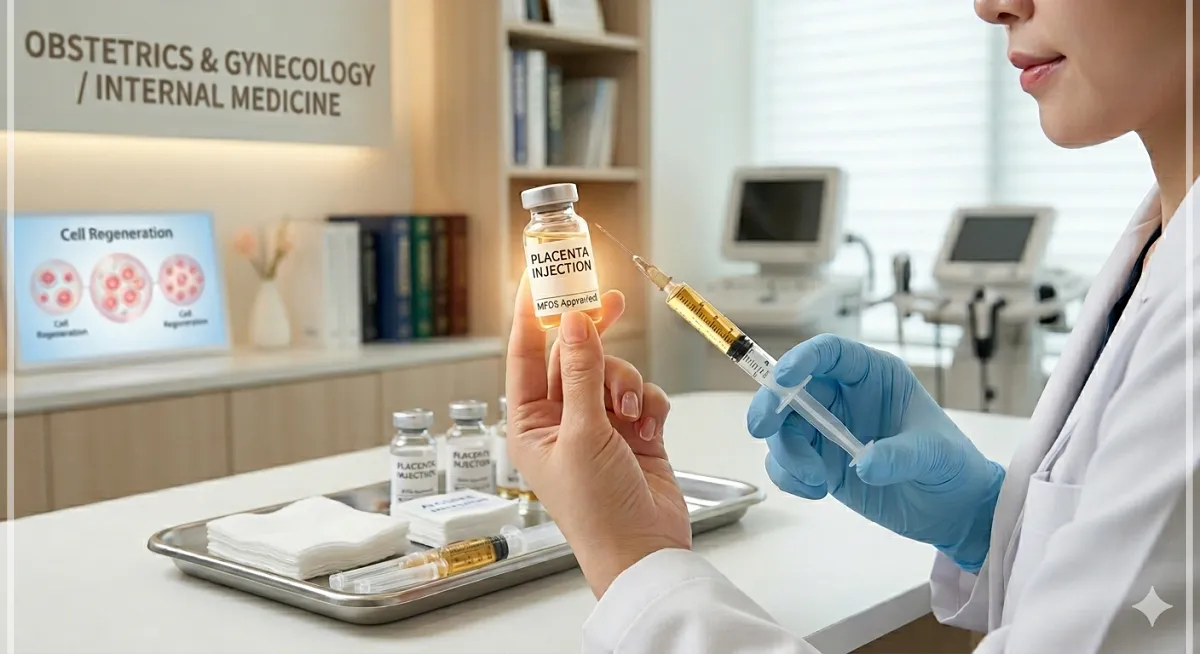 'PLACENTA INJECTION - MFDS Approved'라고 적힌 주사기를 준비하는 모습