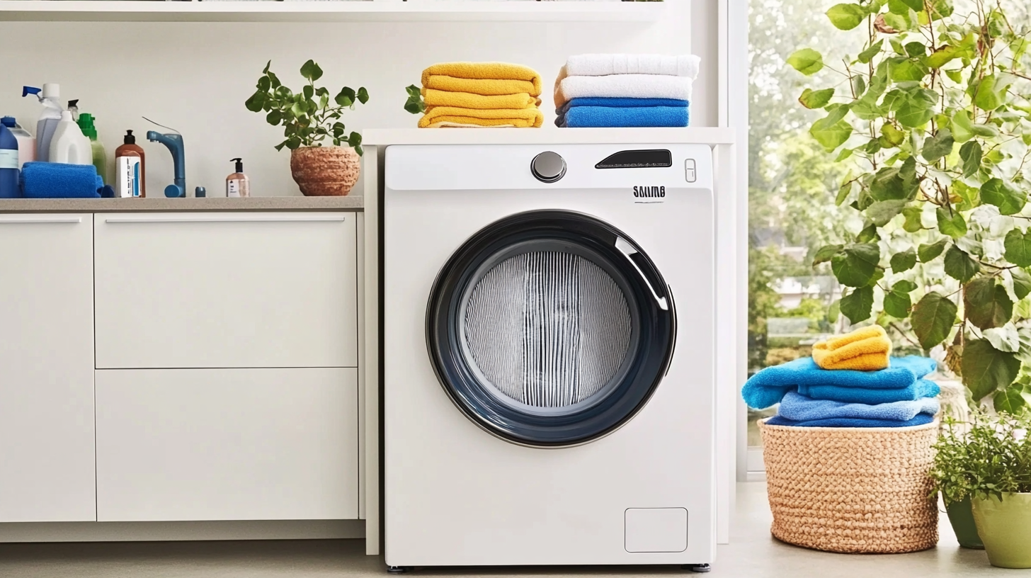 현대적 가정 세탁실에서 쉽게 접근할 수 있는 대형 필터로 먼지와 입자를 효율적으로 포착하는 삼성 세탁기 모습.