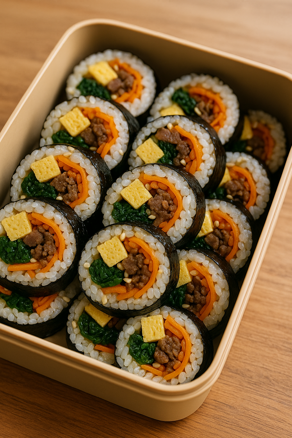 김밥이 도시락통에 맛있게 담겨진 이미지