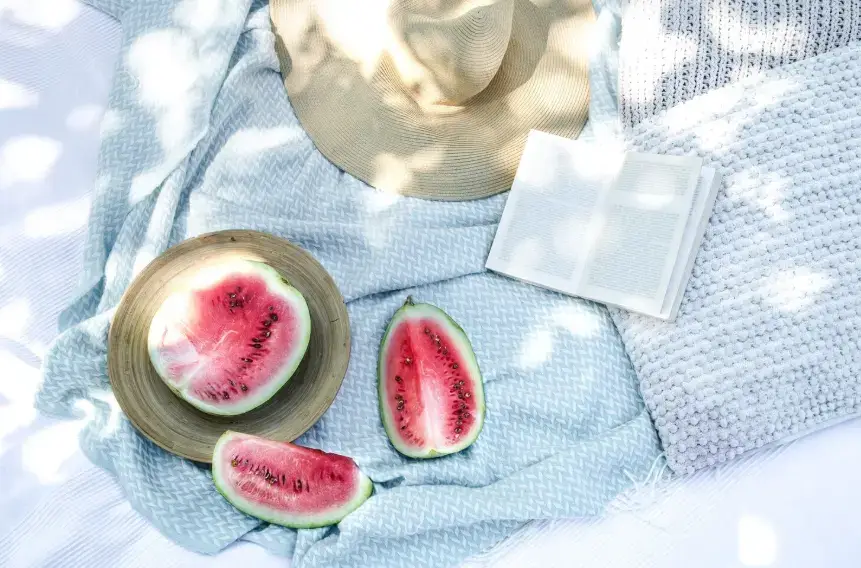 여름 이불 위에 수박, 책, 밀짚모자가 놓여 있는 시원하고 아늑한 여름 피크닉 분위기의 여름 이불 관리 관련 이미지
