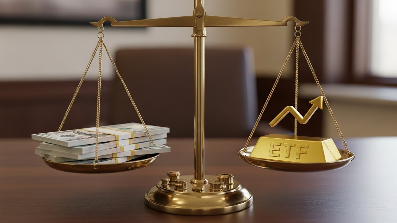 A balance scale with US dollar bills on one side and a gold ETF icon on the other, representing investment choices.